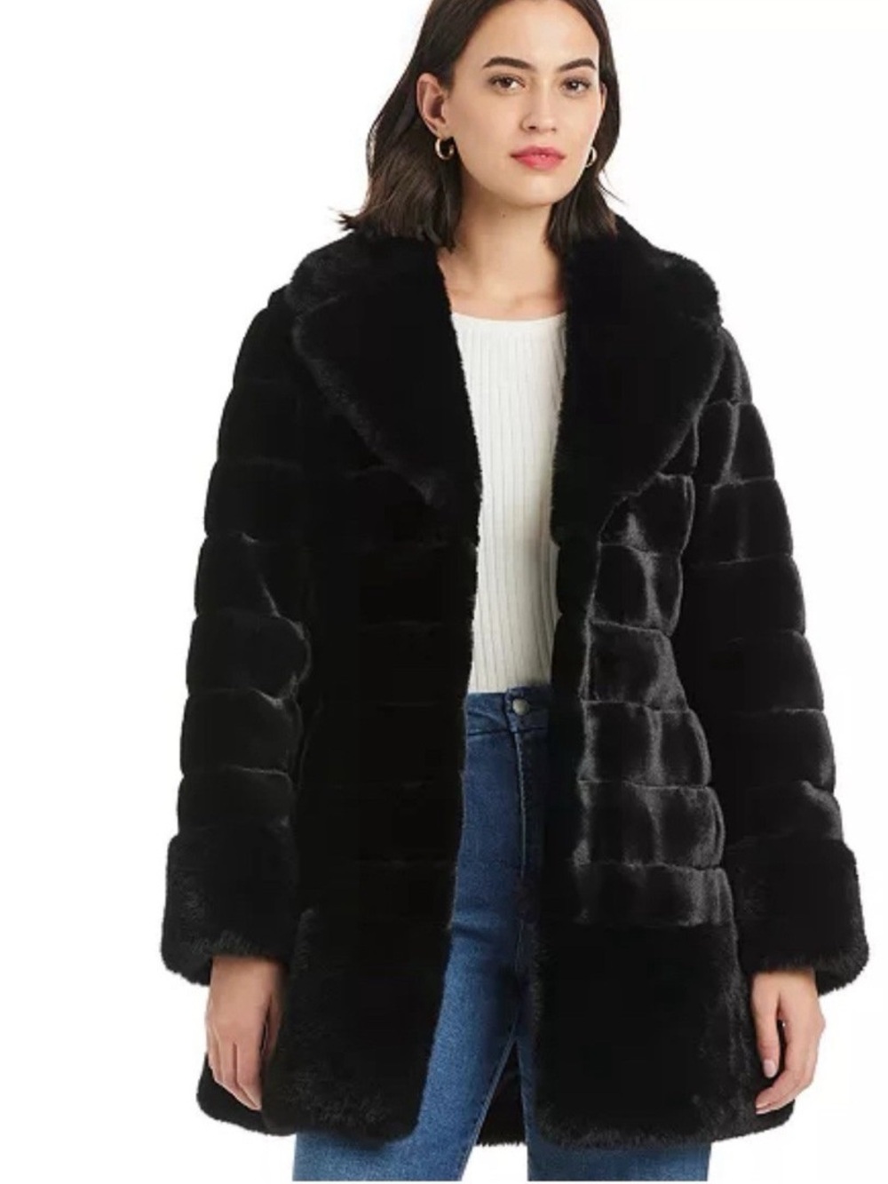 Jones New York Luxurious Black Faux Fur Coat, Sz Large, NWT